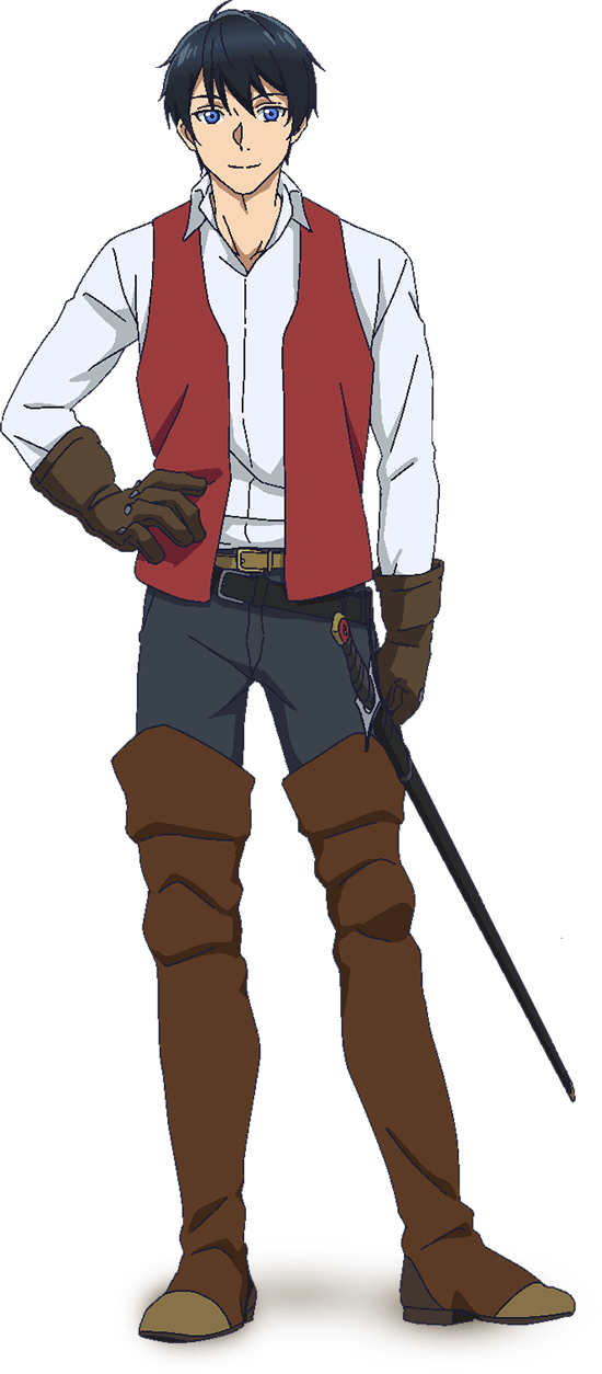 1boy, anime_coloring, belt, black_belt, black_hair, blue_eyes, boots, brown_boots, brown_gloves, closed_mouth, collared_shirt, dolan_(sayonara_ryuusei), full_body, gloves, grey_pants, hand_on_own_hip, highres, kawashige_nozomi, looking_at_viewer, official_art, pants, red_vest, sayonara_ryuusei_konnichiwa_jinsei, shirt, short_hair, simple_background, smile, solo, standing, thigh_boots, transparent_background, vest, white_shirt