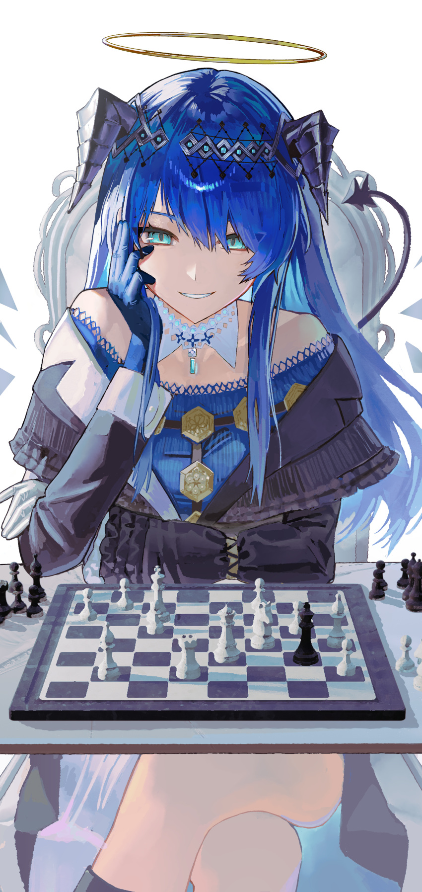 1girl, absurdres, ambience_synesthesia, arknights, bare_shoulders, black_jacket, blue_dress, blue_eyes