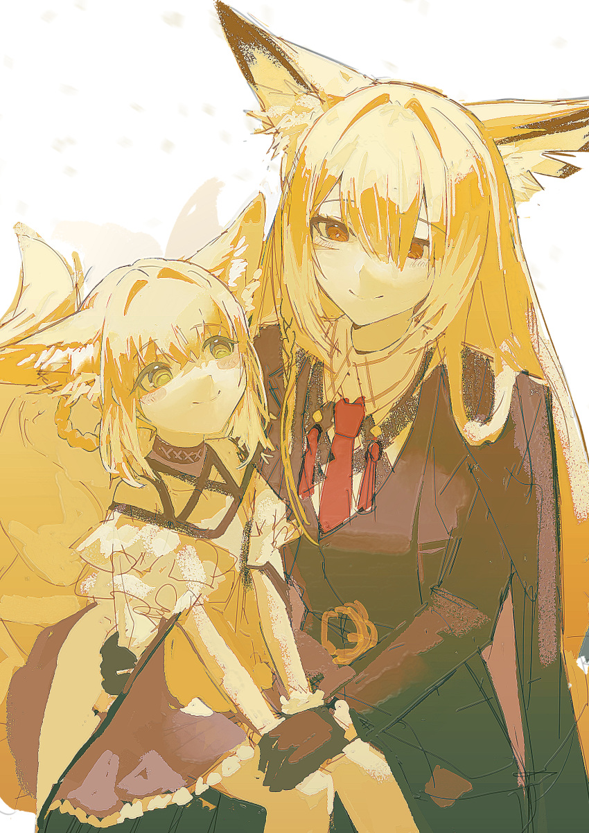 2girls, absurdres, animal_ear_fluff, animal_ears, arknights, black_jacket, blonde_hair, closed_mouth