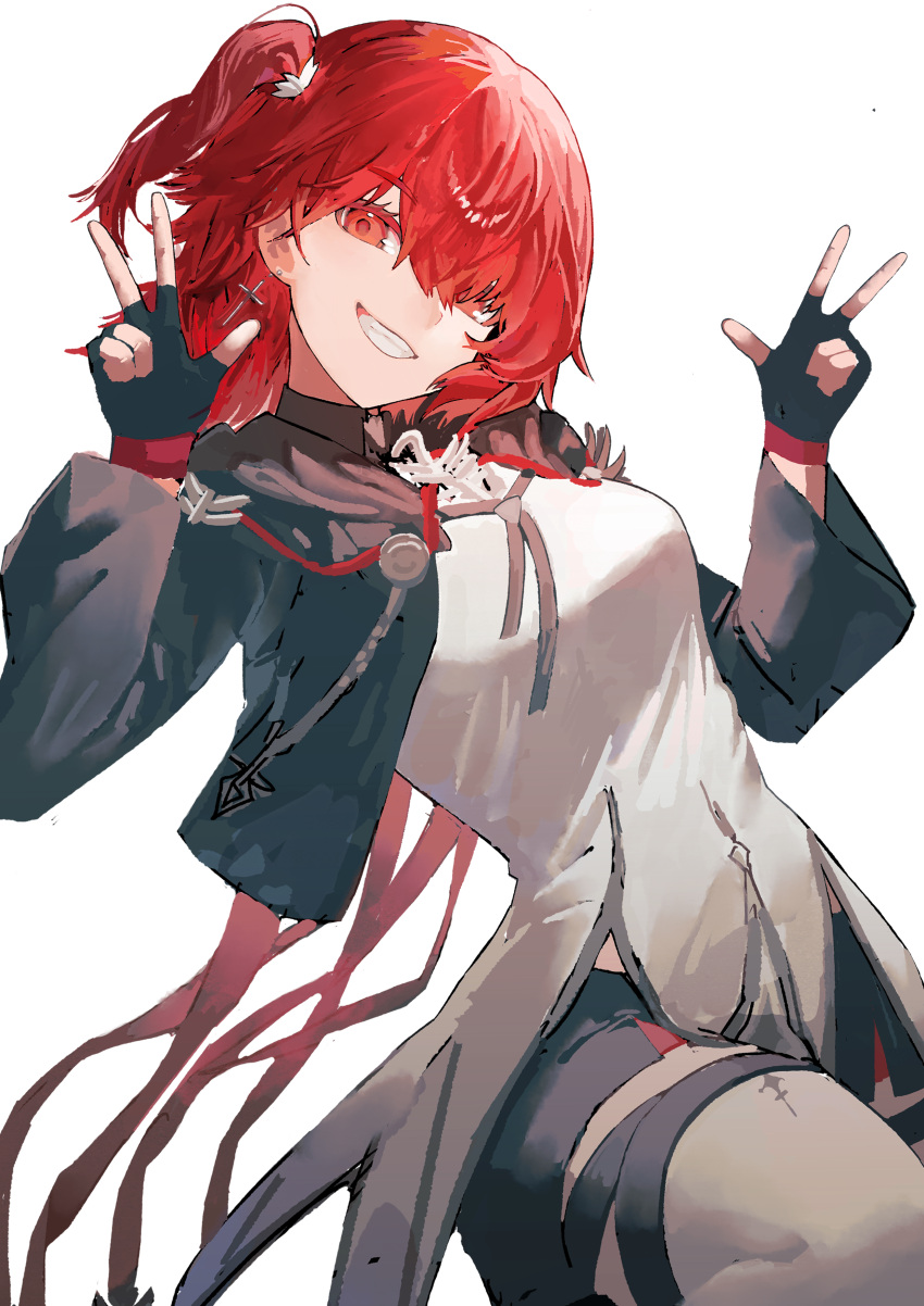 1girl, absurdres, arknights, black_gloves, black_jacket, black_shorts, breasts, commentary_request