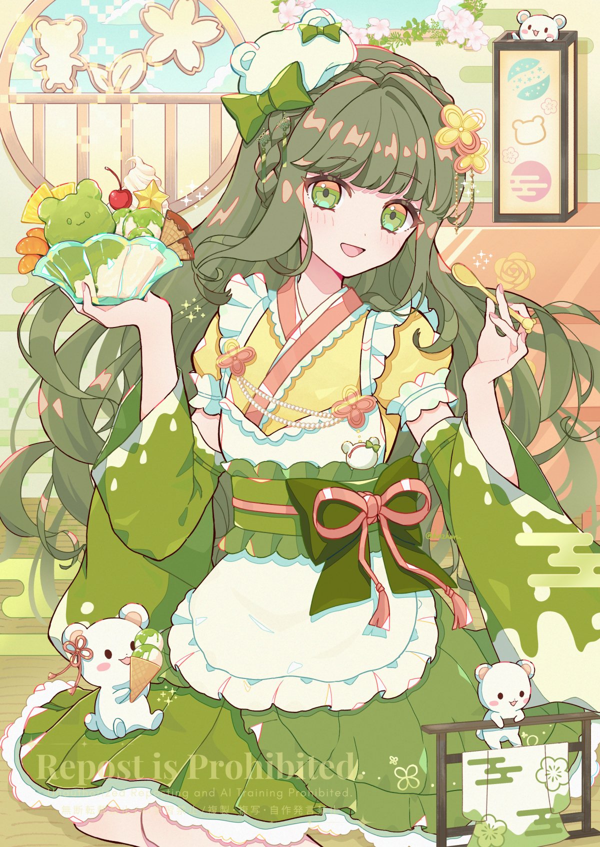1girl, blush, bow, braid, crown_braid, dress, green_bow, green_eyes