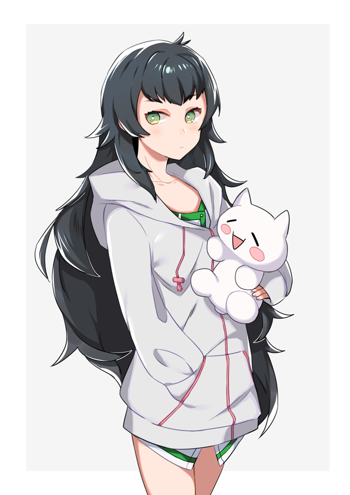 1girl, bare_legs, blunt_bangs, breasts, collar, collarbone, dress, green_collar, green_dress, green_eyes, green_hair, green_trim, grey_dress, grey_hoodie, grey_jacket, hand_in_pocket, hiyajou_maho, holding, holding_stuffed_toy, hood, hood_down, hoodie, jacket, jacket_over_dress, long_hair, long_sleeves, looking_to_the_side, messy_hair, namari, science_adventure, shirt, simple_background, small_breasts, solo, steins;gate, steins;gate_0, stuffed_toy, thighs, very_long_hair, white_background