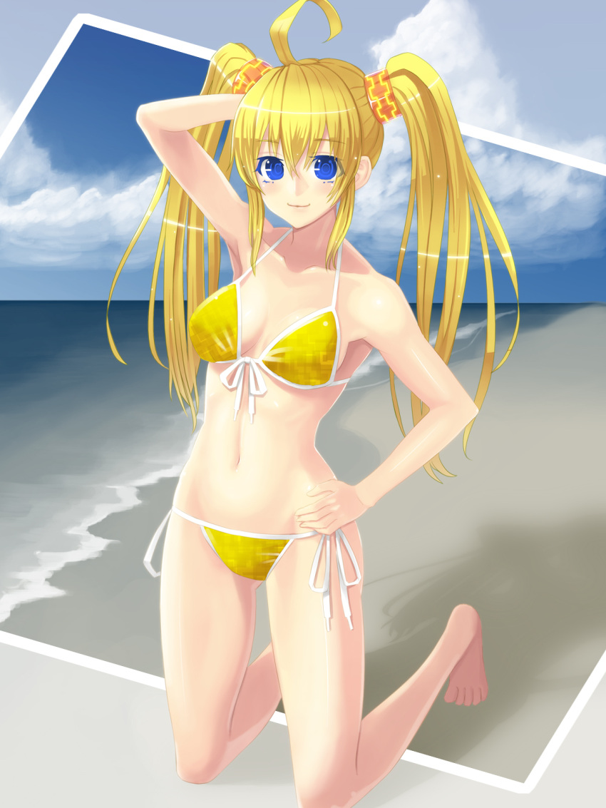 1girl, ahoge, barefoot, beach, bikini, blonde_hair, blue_eyes, border_break