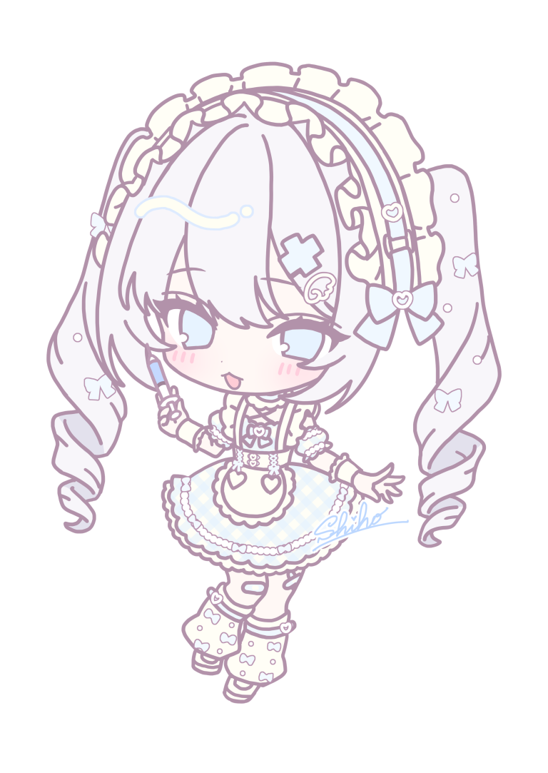 1girl, :d, apron, blue_dress, blue_eyes, blue_hairband, blue_sleeves, blush, brown_apron, brown_socks, chibi, comiket_106, commentary_request, detached_sleeves, dress, frilled_apron, frilled_hairband, frills, full_body, grey_hair, hair_ornament, hairband, holding, holding_syringe, looking_at_viewer, loose_socks, original, puffy_short_sleeves, puffy_sleeves, ringlets, sakura_shiho, short_sleeves, signature, simple_background, sleeveless, sleeveless_dress, smile, socks, solo, standing, syringe, twintails, white_background, wrist_cuffs, x_hair_ornament
