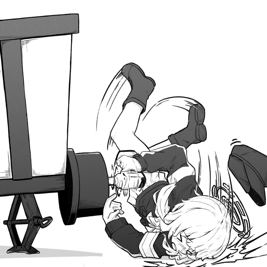 >_<, 1girl, 743_(743rd_bat), aoba_(blue_archive), blue_archive, boots, fallen_down, greyscale