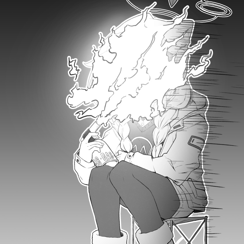 1girl, 743_(743rd_bat), beanie, blowtorch, blue_archive, braid, feet_out_of_frame, fire
