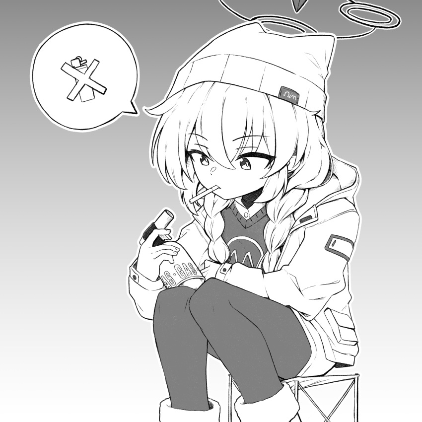 1girl, 743_(743rd_bat), beanie, blowtorch, blue_archive, braid, cigarette, feet_out_of_frame