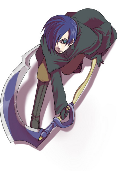 blood+, blue_hair, hazuki_jun, moses, pixiv_thumbnail, schiff, scythe, solo