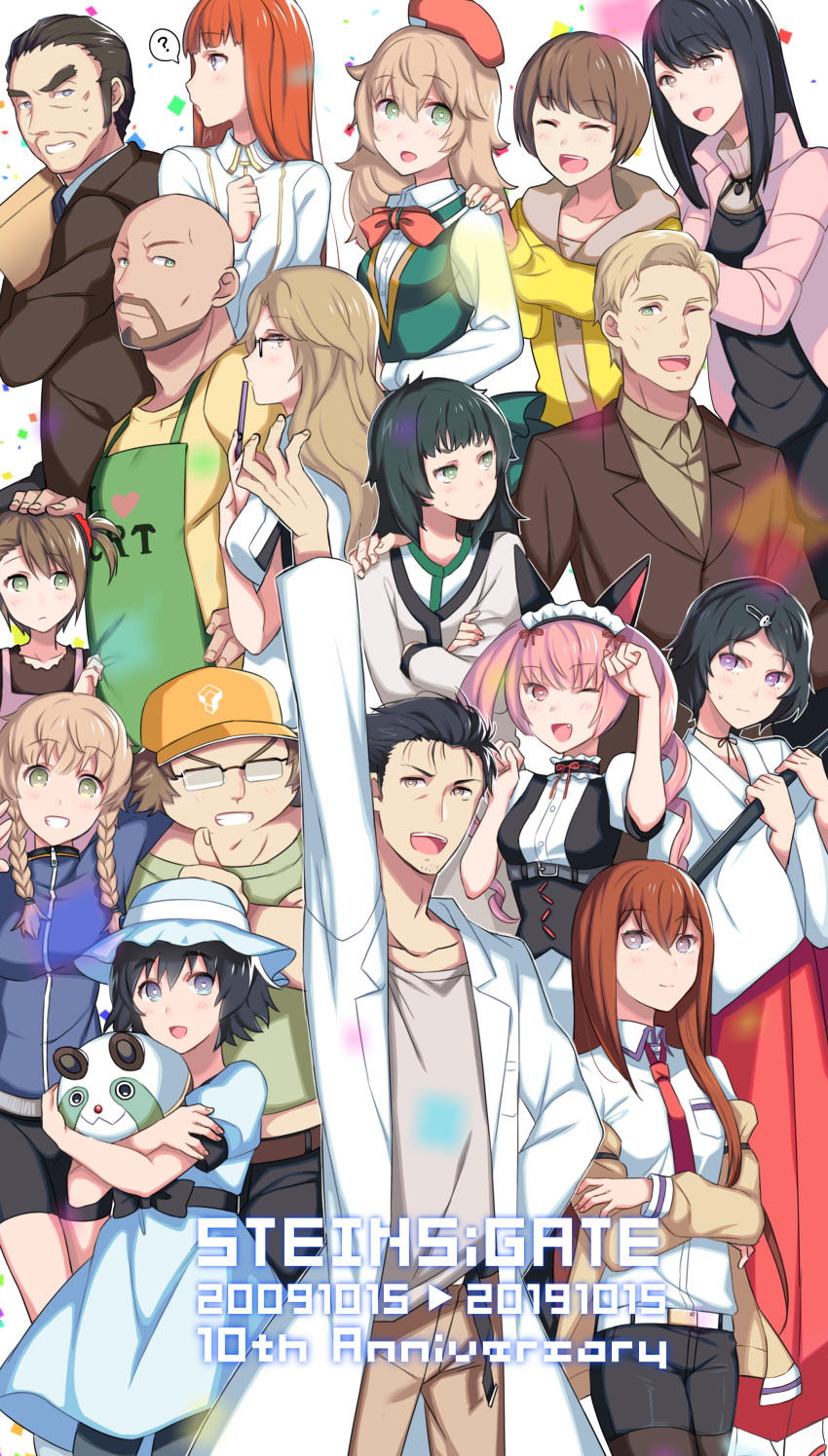 1boy, 6+boys, 6+girls, absolutely_everyone, absurdres, adam's_apple, akiha_rumiho, alexis_leskinen, amane_suzuha, amane_yuki, animal_ear_hairband, animal_ears, apron, aqua_eyes, arm:_up, arm_belt, baseball_cap, beard_stubble, belt, belt_around_waist, belt_buckle, beret, bike_shorts, black_belt, black_bow, black_hair, black_pantyhose, black_ribbon, black_shorts, black_skirt, black_trim, blonde_hair, blouse, blue_dress, blue_eyes, blue_hat, blue_jacket, blue_pants, blue_stripes, blunt_bangs, blush, bob_cut, bow, braid, breast_pocket, breasts, brown_eyes, brown_hair, brown_jacket, brown_pants, buckle, buttons, cat_ears, cellphone, check_clothing, checkered_buckle, chest_bow, chihaya_(clothing), choker, clenched_teeth, clothing_request, coat, collar, collarbone, collared_shirt, copyright_name, cosplay, costume, crossed_arms, dress, dress_shirt, dress_vest, drill_hair, everyone, facial_hair, fake_animal_ears, fat, fat_man, father_and_daughter, flat_chest, flip_phone, frilled_collar, frilled_dress, frilled_hairband, frilled_hat, frilled_skirt, frills, from_side, glasses, green_apron, green_collar, green_dress, green_eyes, green_hair, green_shirt, green_trim, grey_eyes, grey_jacket, grin, hair_between_eyes, hair_ornament, hair_over_shoulder, hair_tie, hairband, hairclip, hakama, hakama_skirt, hashida_itaru, hat, high_collar, highres, hiyajou_maho, holding, holding_phone, hood, hoodie, jacket, jacket_over_dress, jacket_partially_removed, japanese_clothes, kiryuu_moeka, kosode, kurushima_kaede, lab_coat, lapels, leather_belt, long_hair, long_sidelocks, long_skirt, long_sleeves, looking_at_viewer, looking_to_the_side, maid, maid_apron, maid_headdress, makise_kurisu, makise_shouichi, mature_male, mayqueen_maid_uniform, medium_breasts, medium_hair, messy_hair, midriff, miko, miniskirt, mother_and_daughter, multiple_boys, multiple_girls, nakase_katsumi, namari, necktie, notched_lapels, object_in_pocket, off-shoulder_shirt, off_shoulder, okabe_rintarou, one_eye_closed, opaque_glasses, open_collar, open_mouth, pants, pantyhose, parted_lips, pen_in_pocket, phone, pinafore_dress, pink_dress, pink_eyes, pink_frills, pink_hair, pocket, puffy_short_sleeves, puffy_sleeves, purple_shirt, purple_trim, red_belt, red_bow, red_hair, red_hakama, red_hat, red_necktie, red_ribbon, ribbon, ribbon-trimmed_collar, ribbon-trimmed_corset, ribbon-trimmed_hairband, ribbon-trimmed_sleeves, ribbon_choker, ribbon_trim, science_adventure, shiina_kagari, shiina_mayuri, shirt, shirt_partially_tucked_in, short_hair, short_sleeves, short_twintails, shorts, shorts_under_dress, shorts_under_skirt, shoulder_grab, side_slit, sidelocks, sideways_glance, skirt, skull_hair_ornament, sleeve_slit, sleeveless, sleeveless_dress, small_breasts, smile, steins;gate, steins;gate_0, stubble, sweater, t-shirt, tareme, teeth, tennouji_nae, tennouji_yuugo, thick_eyebrows, thighs, tomboy, tongue, track_jacket, trap, tsurime, turtleneck, twin_braids, twin_drills, twintails, urushibara_luka, very_long_hair, very_short_hair, violet_eyes, white_apron, white_belt, white_coat, white_dress, white_shirt, white_sweater, wide_sleeves, wrinkled_skin, wrist_cuffs, yellow_eyes, yellow_hat, zipper, zipper_pull_tab
