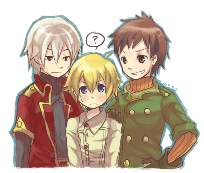 blonde_hair, blue_eyes, brown_eyes, brown_hair, clain, dias, fractale, gloves