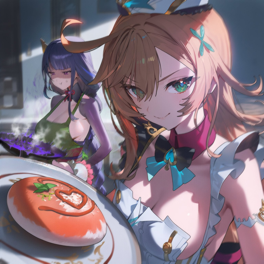 2girls, ahoge, apron, black_bow, blonde_hair, bow, breasts, chef