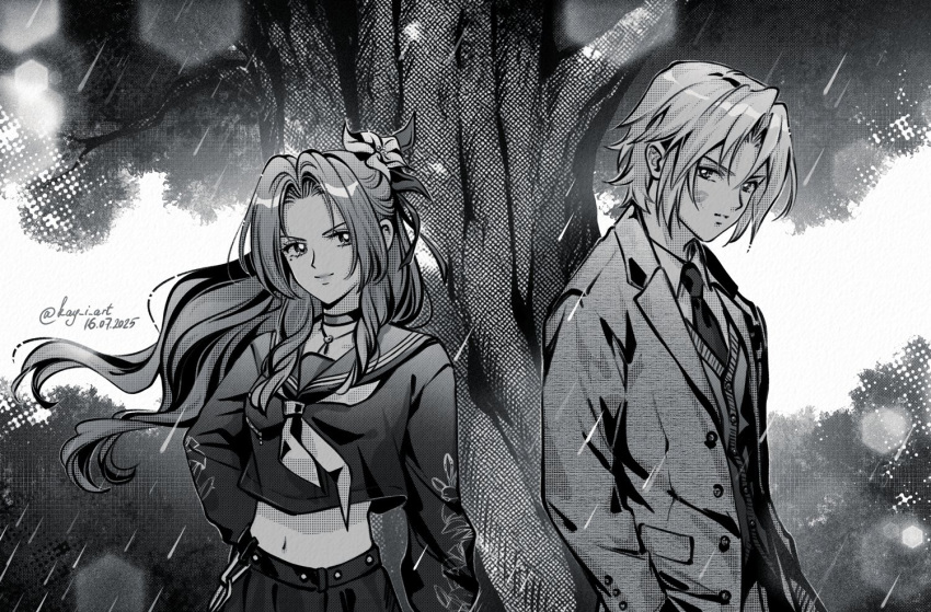1boy, 1girl, aerith_gainsborough, aerith_gainsborough_(midgard_seventh_high_school), belt, black_choker, black_shirt, black_skirt, breasts, cardigan, chain, choker, collared_shirt, crop_top, dated, delinquent, face_piercing, final_fantasy, final_fantasy_vii, final_fantasy_vii_ever_crisis, floral_print, flower, furrowed_brow, grey_jacket, grey_neckerchief, hair_between_eyes, hair_flower, hair_ornament, hair_ribbon, hand_on_own_hip, jacket, kay-i, lipstick_mark_on_cheek, long_hair, medium_breasts, midriff, navel, neckerchief, necktie, official_alternate_costume, parted_lips, piercing, ponytail, rain, ribbon, school_uniform, sephiroth, sephiroth_(ever_crisis), sephiroth_(shinra_private_academy), shirt, short_hair, sidelocks, skirt, smile, studded_belt, suit_jacket, sukeban, tree, twitter_username, under_tree, upper_body, white_shirt