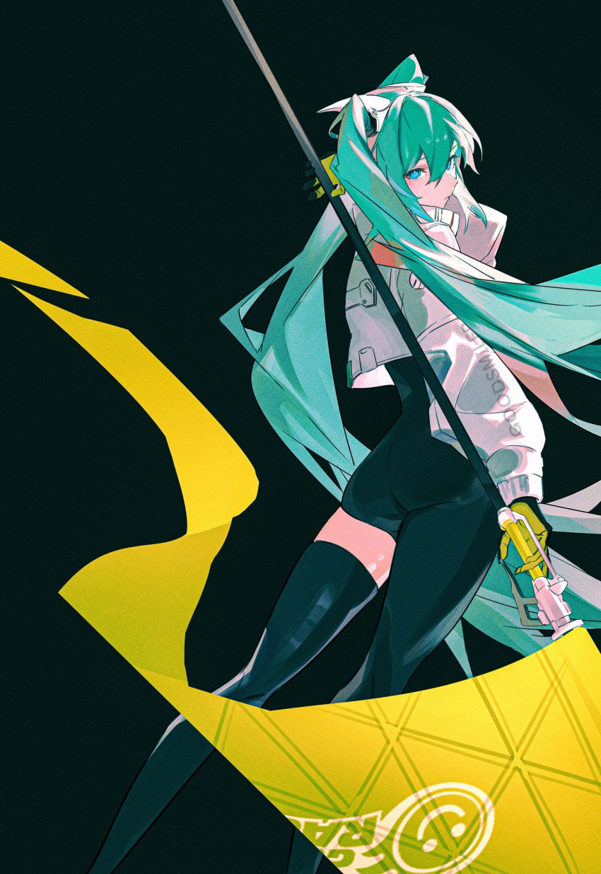 1girl, absurdres, aqua_eyes, aqua_hair, ass, asymmetrical_bodysuit, black_bodysuit, black_gloves
