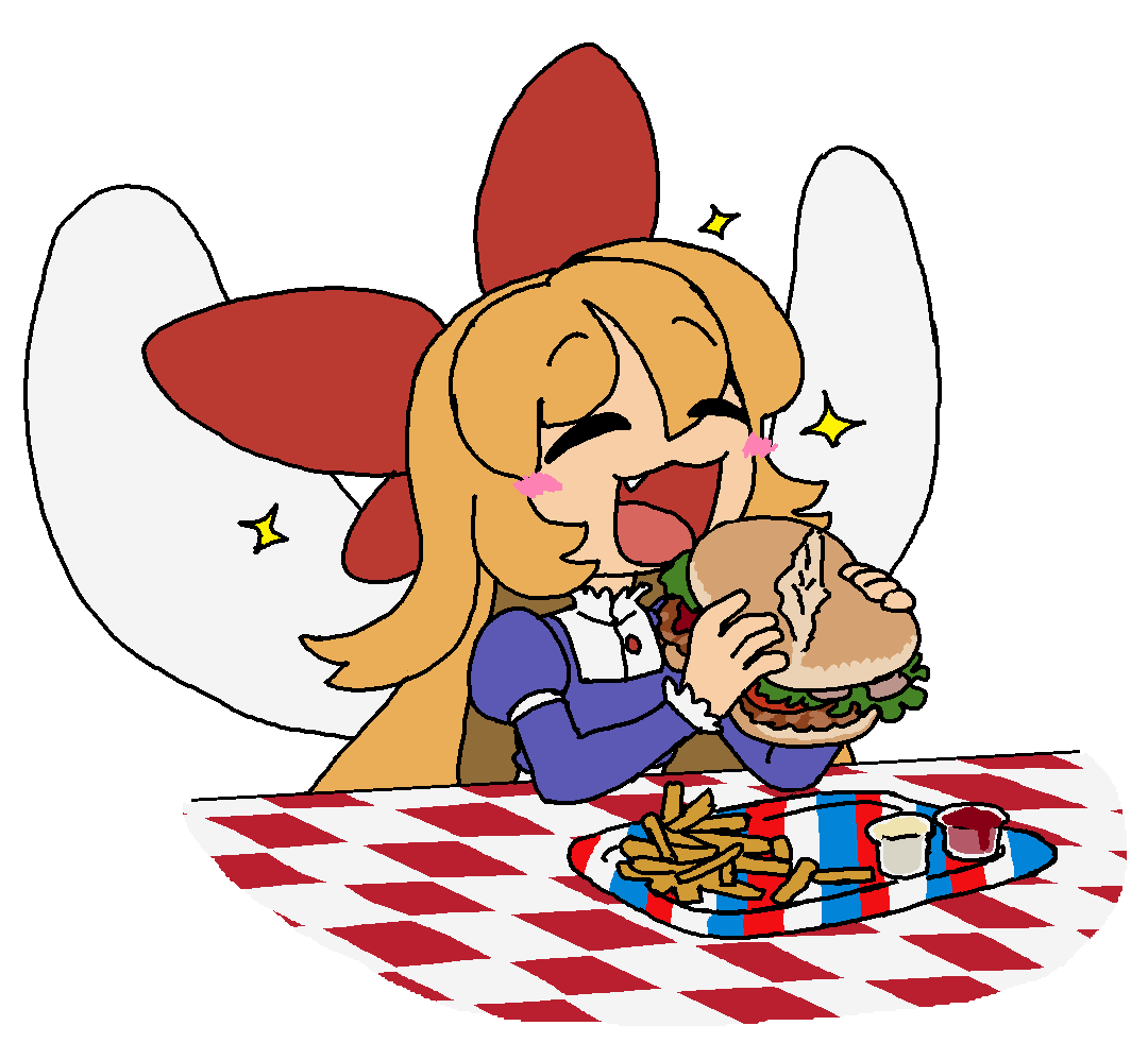 blonde_hair, blue_dress, bow, burger, dress, fairy_wings, fang, fang_out