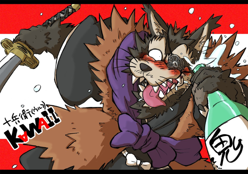 1boy, alcohol, animal_ears, bottle, claws, drunk, eyepatch, fangs