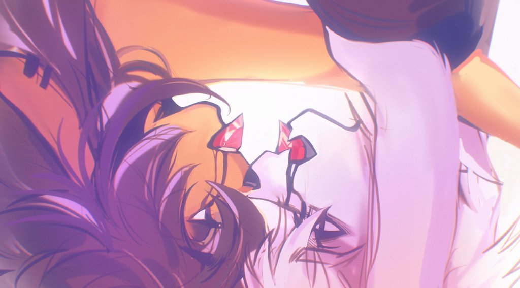 1boy, 1girl, alien_stage, animal_ears, animal_nose, asriel_dreemurr, black_hair, commentary, dark_crowl, december_holiday, deer_girl, deltarune, english_commentary, fangs, furry, furry_female, furry_male, furry_with_furry, gem, goat_boy, goat_ears, hetero, mouth_hold, red_gemstone, scene_reference, white_fur