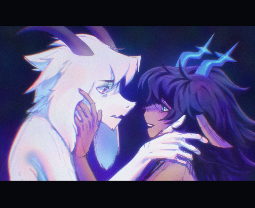 1boy, 1girl, animal_ears, animal_nose, antlers, asriel_dreemurr, black_hair, black_horns