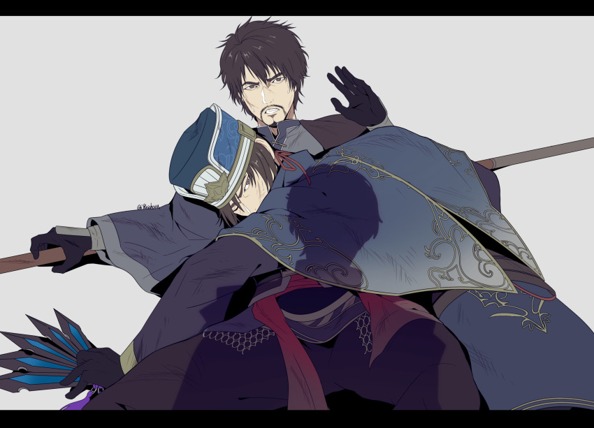 3boys, black_border, black_gloves, black_pants, border, brown_hair, chinese_clothes, clenched_teeth