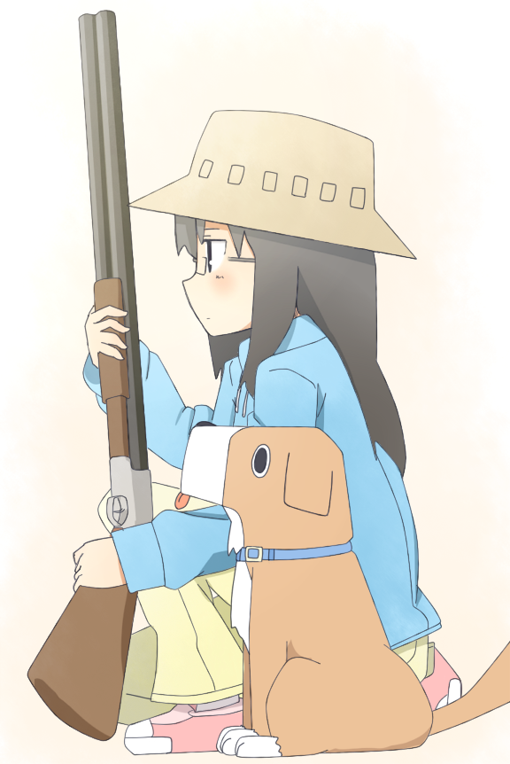 1girl, black_eyes, black_hair, casual, collar, dog, double-barreled_shotgun, glasses, gun, hat, left-handed, long_hair, minakami_mai, nichijou, nono_(kedara), official_style, oguri_cap, profile, shotgun, simple_background, weapon