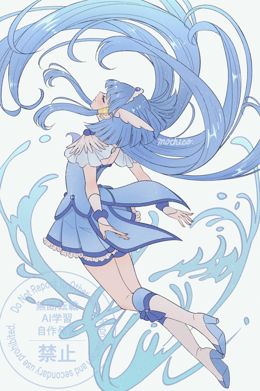 1girl, aoki_reika, blue_bow, blue_hair, blue_shirt, blue_shorts, blue_skirt, blue_theme, blue_wrist_cuffs, boots, bow, closed_eyes, closed_mouth, coattails, commentary, cure_beauty, english_commentary, eyelashes, feather-trimmed_sleeves, floating, floating_clothes, floating_hair, footwear_bow, frilled_skirt, frills, from_behind, full_body, hair_floating_upwards, hair_ornament, hair_tubes, high_heel_boots, high_heels, highres, knee_boots, light_blush, long_hair, magical_girl, miniskirt, mochico_bb, pleated_skirt, pleated_sleeves, pointy_nose, precure, shirt, short_sleeves, shorts, shorts_under_skirt, simple_background, skirt, smile, smile_precure!, solo, tiara, very_long_hair, water, watermark, white_arm_warmers, white_background, white_boots, wing_hair_ornament, wrist_cuffs