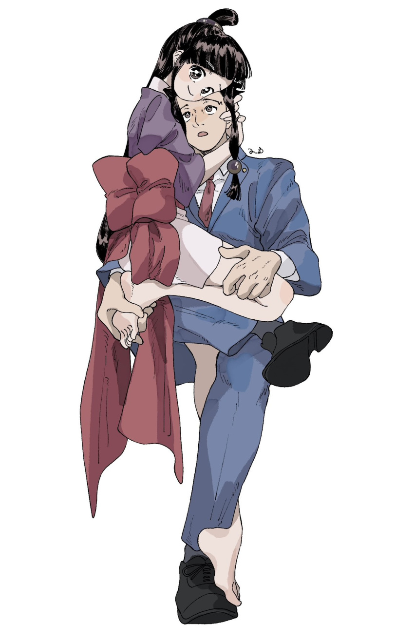1boy, 1girl, ace_attorney, barefoot, beads, black_eyes, black_hair, black_shoes