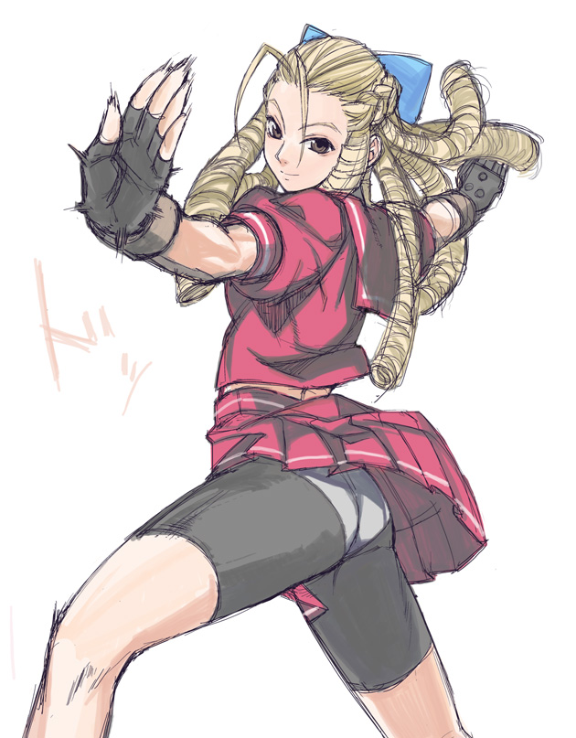 black_gloves, blonde_hair, bow, brown_eyes, capcom, drill_hair, fingerless_gloves, gloves, hair_bow, kanzuki_karin, kimuchi, long_hair, miniskirt, panties, panties_over_bike_shorts, school_uniform, serafuku, shorts_under_skirt, simple_background, skirt, solo, street_fighter, street_fighter_zero, street_fighter_zero_iii, underwear