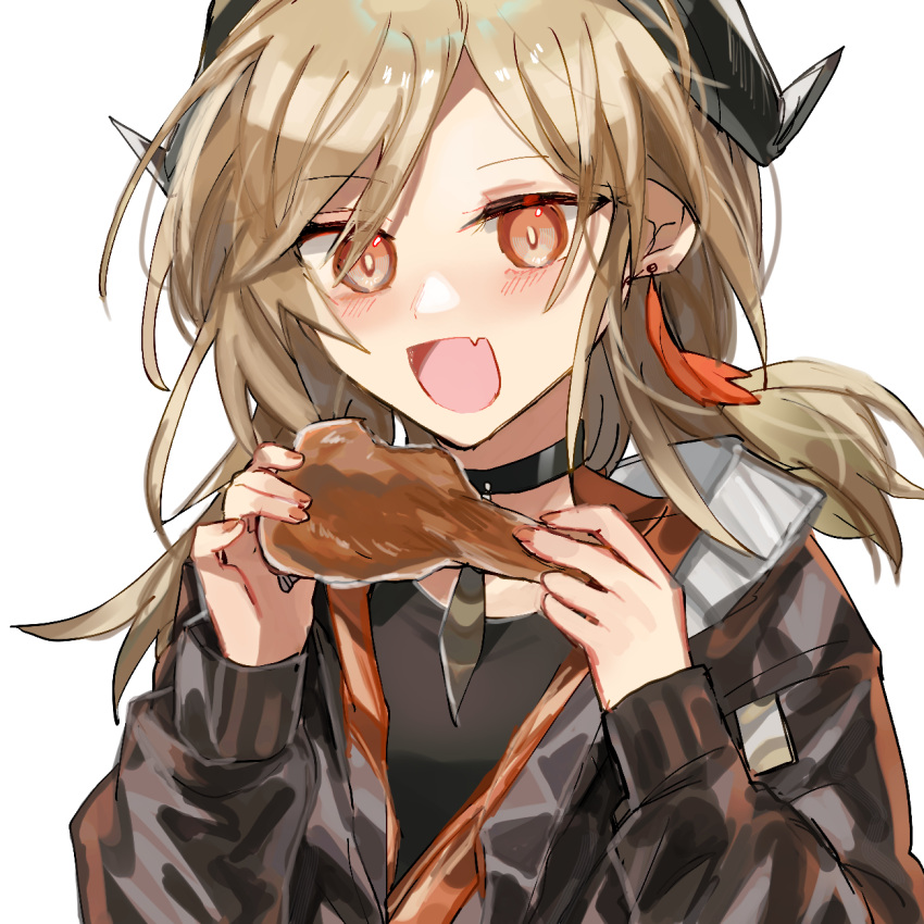 1girl, arknights, black_choker, black_horns, black_jacket, blonde_hair, blush, chicken_(food), chicken_wing, choker, commentary_request, fang, food, fumi_(rdbm), highres, holding, holding_food, horns, ifrit_(arknights), ifrit_(lone_trail)_(arknights), jacket, long_sleeves, medium_hair, official_alternate_costume, one-hour_drawing_challenge, open_mouth, orange_eyes, partial_commentary, simple_background, skin_fang, smile, solo, upper_body, white_background