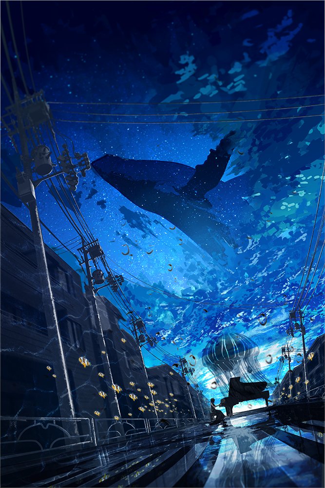 1girl, black_dress, black_hair, blue_sky, blue_theme, building, caustics, chooco_(chocoshi)