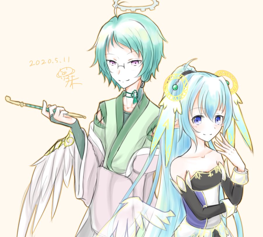 1boy, 1girl, ahoge, artist_name, black_gloves, blue_eyes, corset, dated