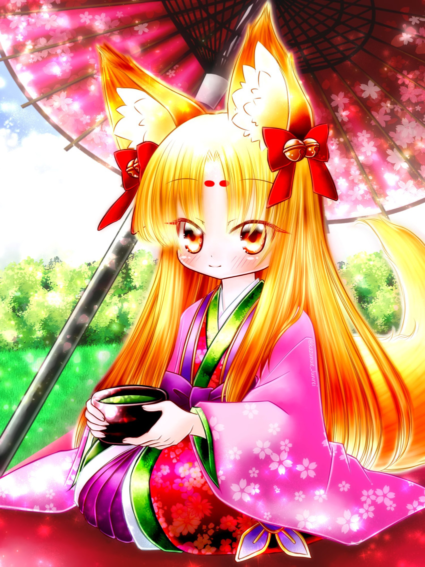 1girl, animal_ears, bell, blonde_hair, cup, emil_chronicle_online, fox_ears, fox_girl