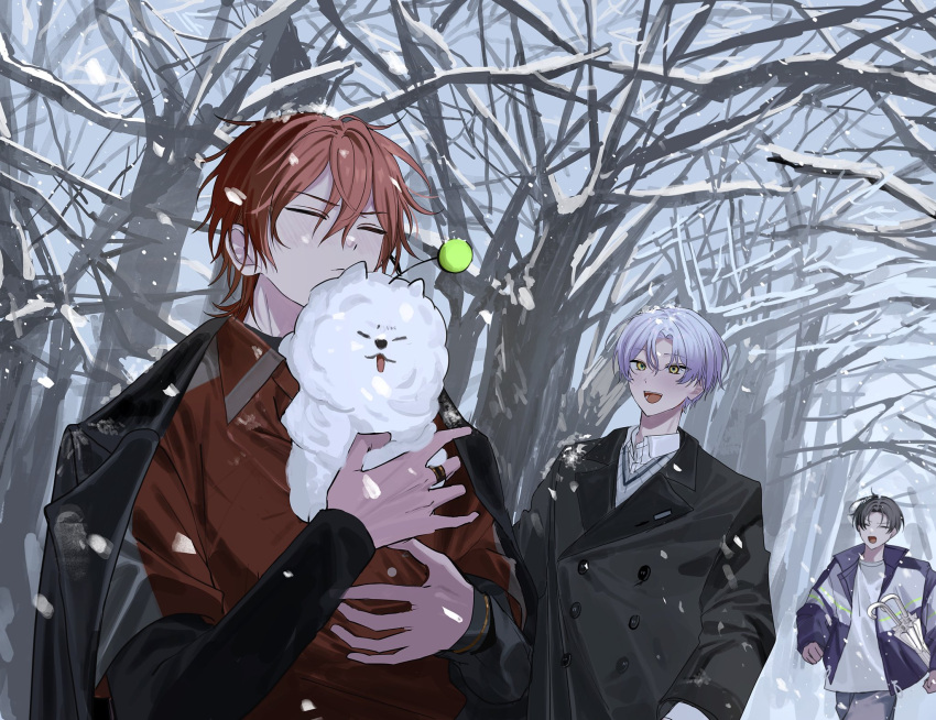18trip, 22kolink, 3boys, animal, bare_tree, black_coat, black_hair, closed_eyes