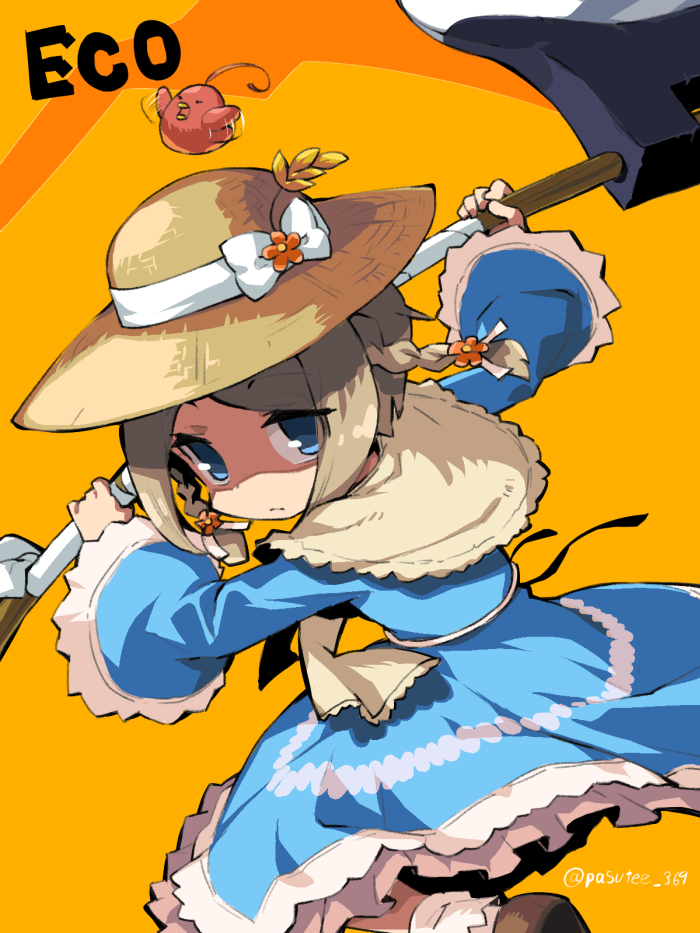 1girl, axe, baby_animal, bird, blonde_hair, blue_dress, blue_eyes, boots