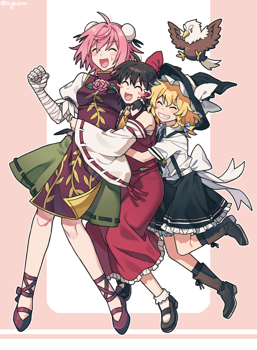 3girls, ahoge, alternate_costume, ascot, back_bow, bandaged_arm, bandages, bird, black_shoes, black_skirt, blonde_hair, blush, boots, bow, braid, breasts, brown_boots, brown_hair, bun_cover, closed_eyes, collared_shirt, commentary_request, detached_sleeves, double_bun, eagle, flower, frilled_hair_tubes, frilled_skirt, frills, green_skirt, grin, hair_bow, hair_bun, hair_tubes, hakurei_reimu, hat, hat_bow, highres, hug, hug_from_behind, ibaraki_kasen, kanda_(touhou), kirisame_marisa, long_hair, mary_janes, multiple_girls, necktie, open_mouth, pink_flower, pink_hair, pink_rose, re_ghotion, red_bow, red_shoes, red_skirt, red_tabard, ribbon-trimmed_skirt, ribbon-trimmed_sleeves, ribbon_trim, rose, shirt, shoes, short_sleeves, side_braid, single_braid, skirt, skirt_set, smile, socks, suspender_skirt, suspenders, sweatdrop, tabard, touhou, twitter_username, white_bow, white_shirt, white_socks, witch_hat, yellow_ascot