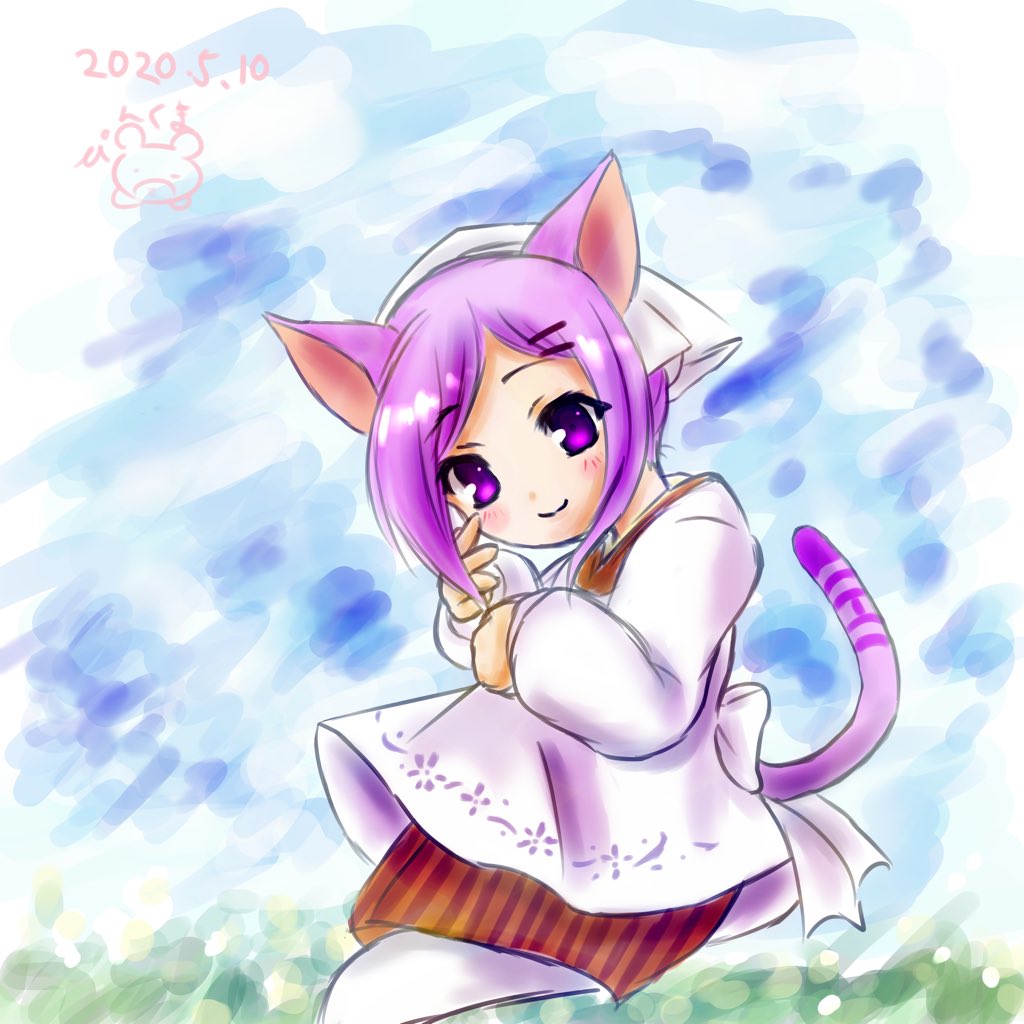 1girl, animal_ears, apron, brown_dress, cat_ears, cat_girl, cat_tail, dated