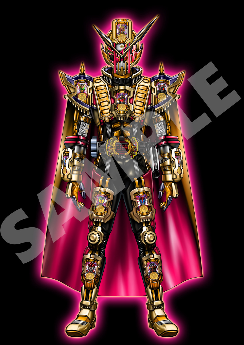 1boy, absurdres, armor, belt, bodysuit, boots, clock_hands, complete_form, compound_eyes, decadriver, gloves, gold_trim, grand_zi-o_ridewatch, helmet, highres, horns, k-touch, k-touch21, kamen_rider, kamen_rider_dcd, kamen_rider_decade, kamen_rider_decade_complete_form, kamen_rider_grand_zi-o, kamen_rider_zi-o, kamen_rider_zi-o_(series), male_focus, neodecadriver, neofrontier, pink_eyes, red_eyes, rider_belt, rider_card, ridewatch, shoulder_armor, standing, ziku-driver