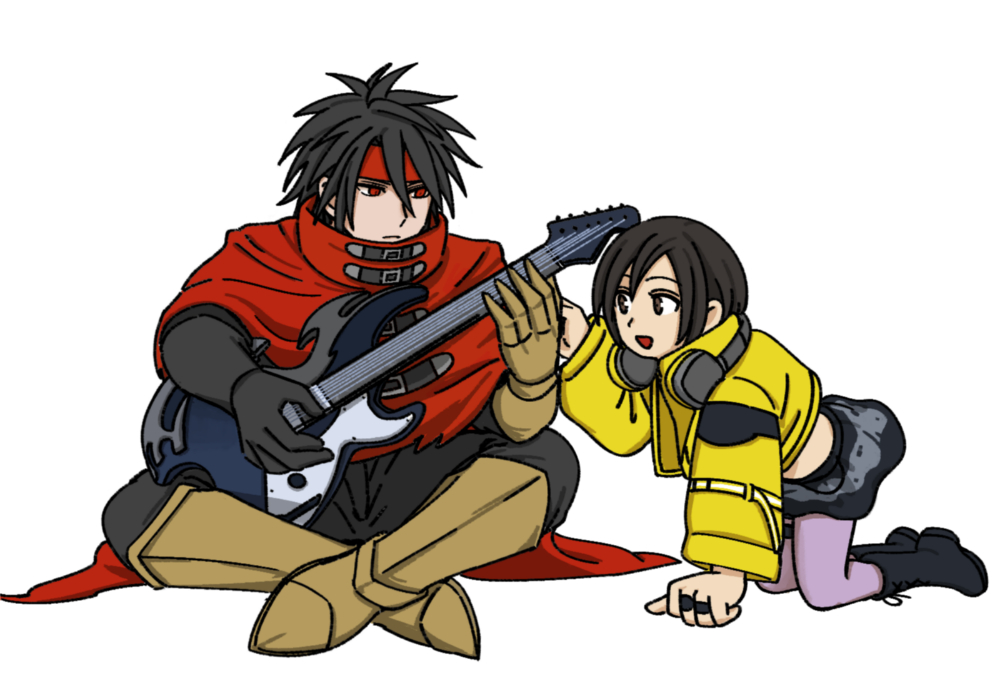 1boy, 1girl, armored_boots, black_boots, black_gloves, black_hair, black_pants, black_skirt