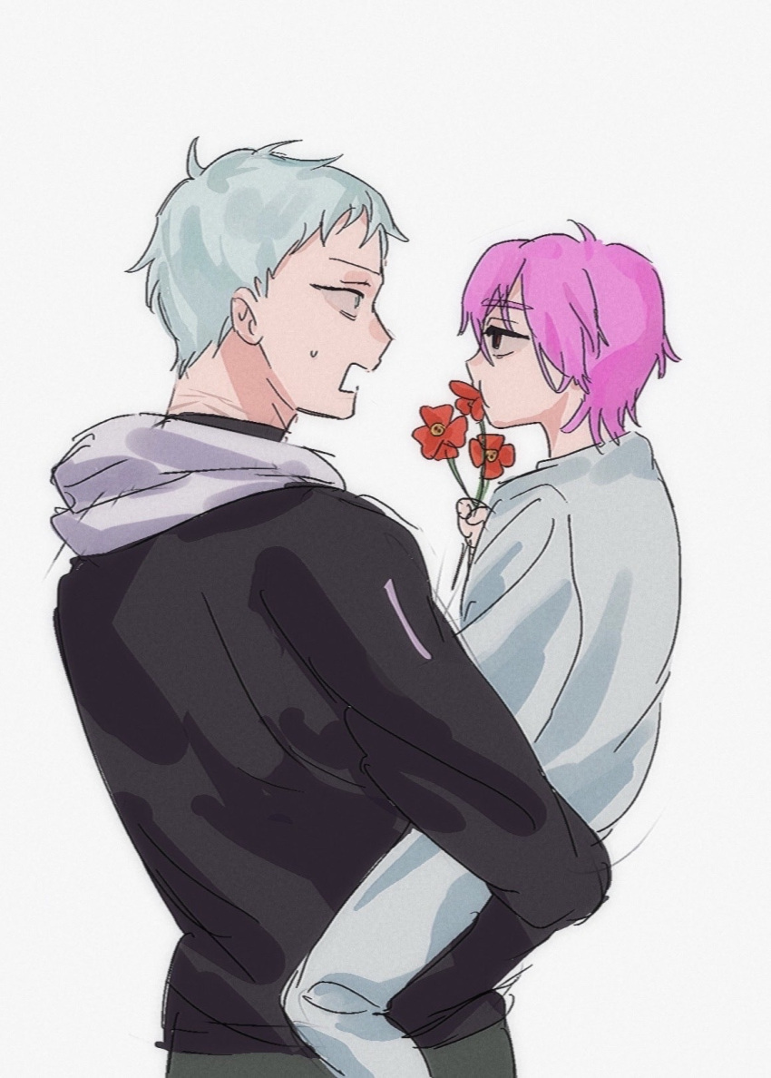 alien_stage, black_jacket, carrying, carrying_person, clemens_(user_sjgu4733), commentary_request, eating_flower, flower