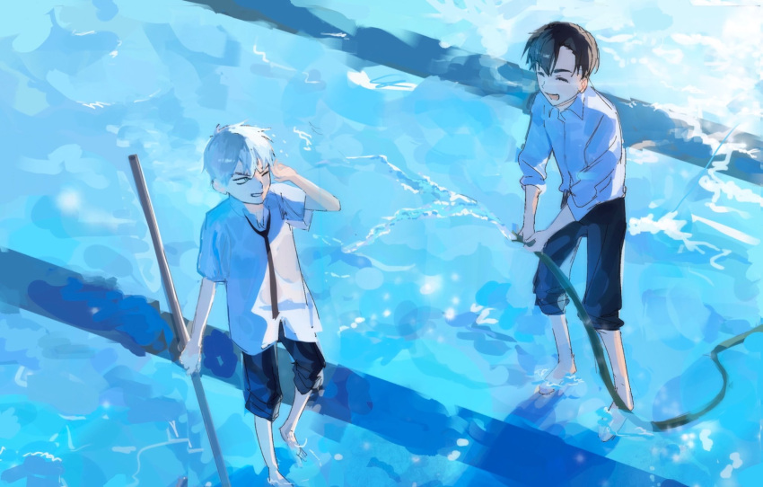 2boys, alien_stage, black_hair, black_necktie, black_pants, black_shorts, clemens_(user_sjgu4733), closed_eyes