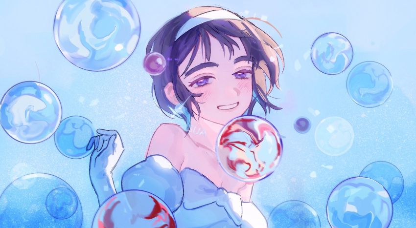 1girl, alien_stage, black_hair, bubble, clemens_(user_sjgu4733), commentary_request, dress, hairband