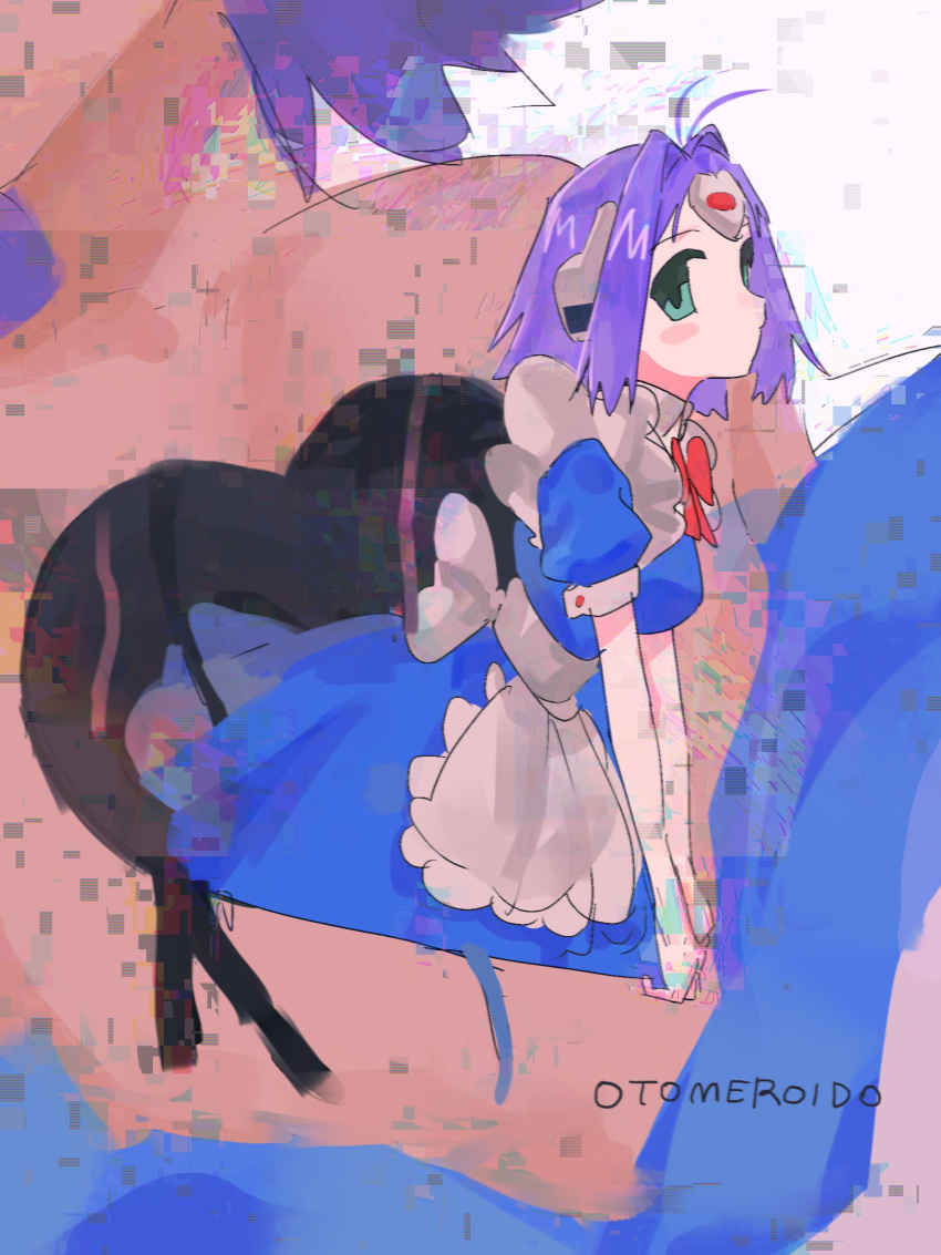 1girl, apron, clemens_(user_sjgu4733), commentary_request, forehead_jewel, frilled_apron, frills, green_eyes