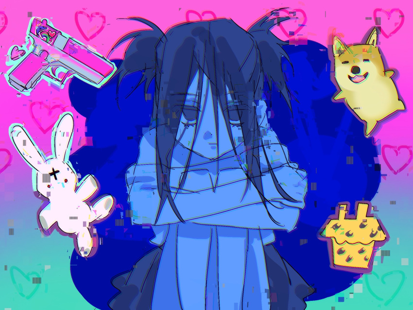 1girl, black_hair, blue_background, clemens_(user_sjgu4733), commentary_request, dog, expressionless, gradient_background