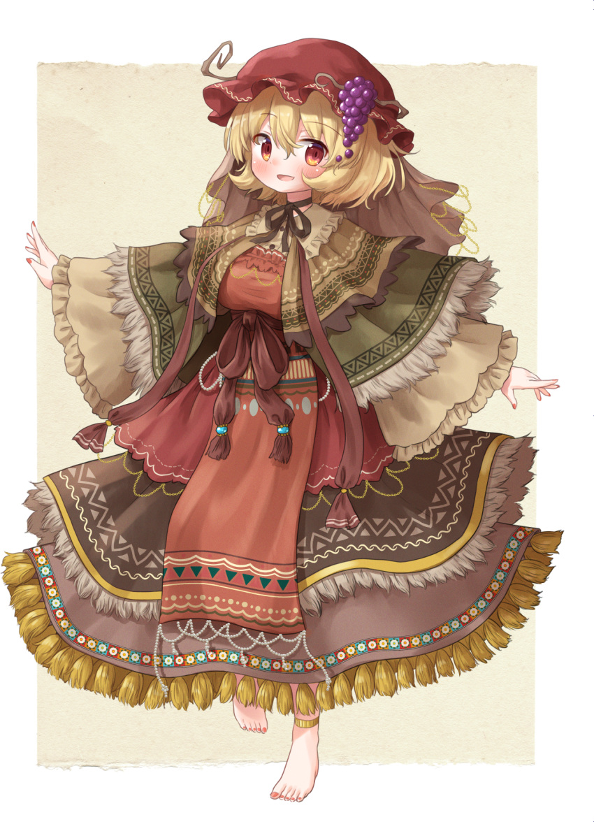 1girl, aki_minoriko, alternate_costume, anklet, arinu, barefoot, blonde_hair, breasts