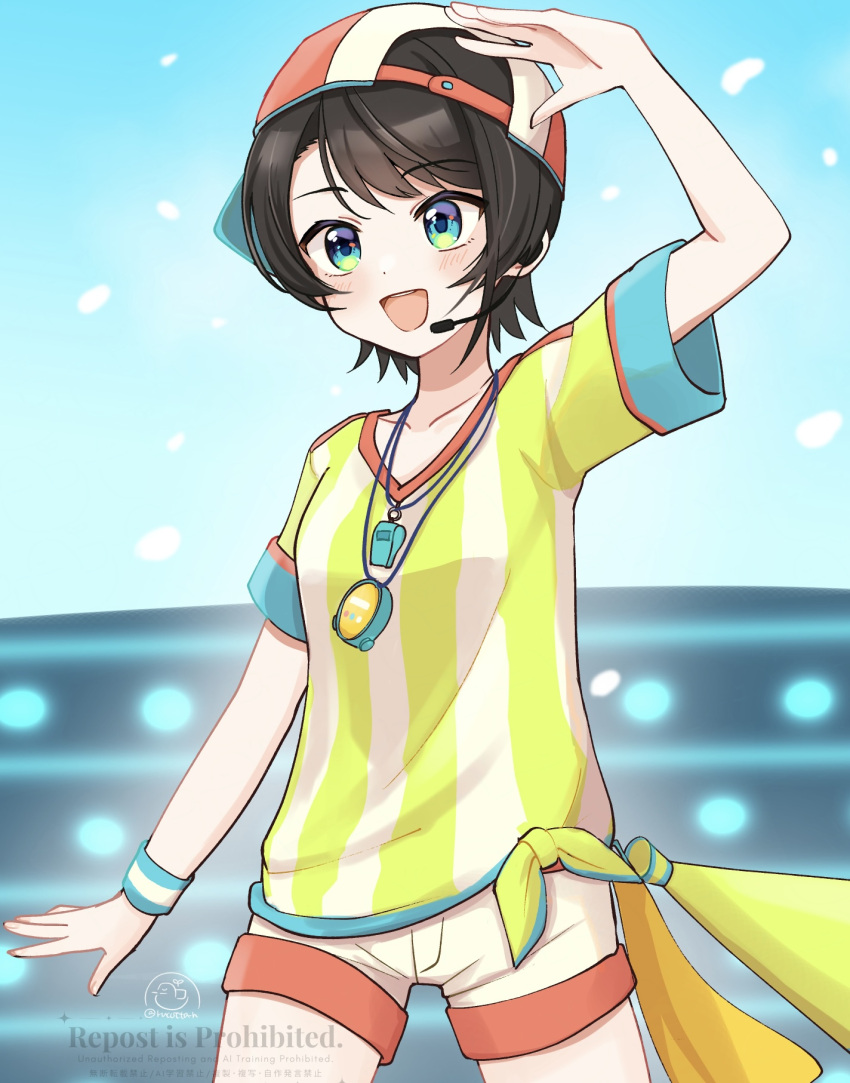 1girl, :d, aqua_eyes, arm_at_side, backwards_hat, baseball_cap, blue_eyes, blush