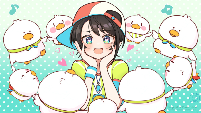 1girl, backwards_hat, baseball_cap, blue_eyes, blush, brown_hair, gradient_background, green_background