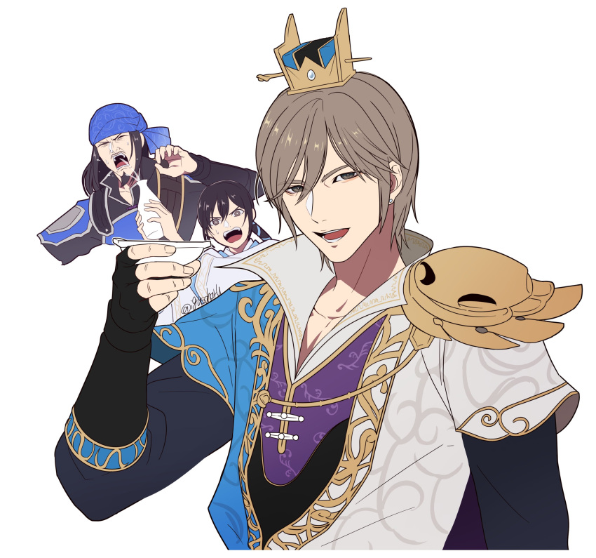 3boys, absurdres, bandana, beard, black_gloves, black_hair, blue_bandana, bottle