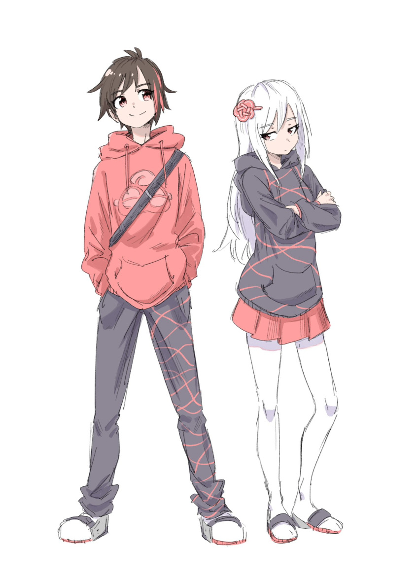 1boy, 1girl, asymmetrical_legwear, bervens12, black_hoodie, black_pantyhose, brown_hair, closed_mouth
