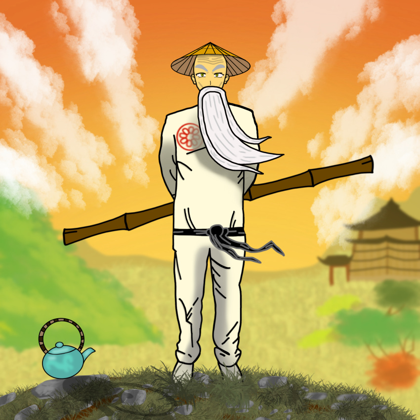 1boy, architecture, asian, beard, belt, black_belt, clouds, cloudy_sky