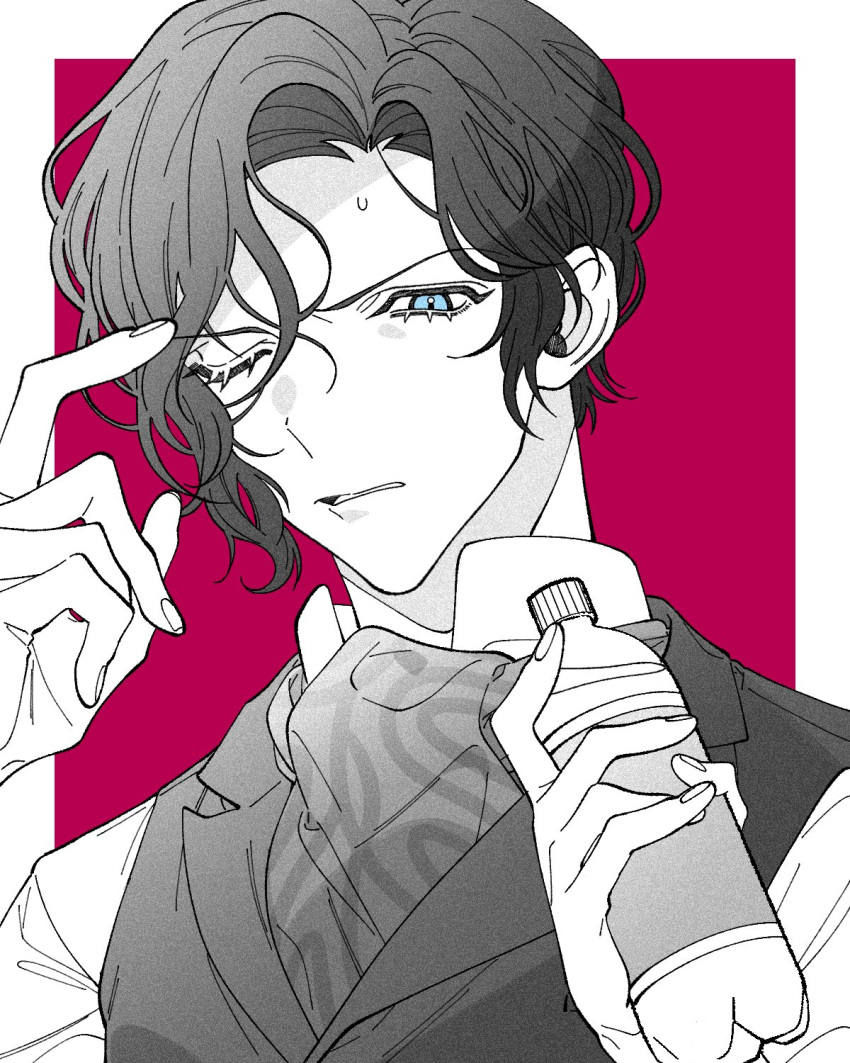 1boy, ascot, black_hair, blue_eyes, broden_(ff7r), collared_shirt, final_fantasy, final_fantasy_vii, final_fantasy_vii_rebirth, final_fantasy_vii_remake, furrowed_brow, hair_between_eyes, highres, male_focus, mob_bouto_1, one_eye_closed, out_of_frame, parted_bangs, parted_lips, plastic_bottle, print_ascot, red_background, shirt, solo_focus, sweat, upper_body, vest, waistcoat, wavy_hair, white_shirt