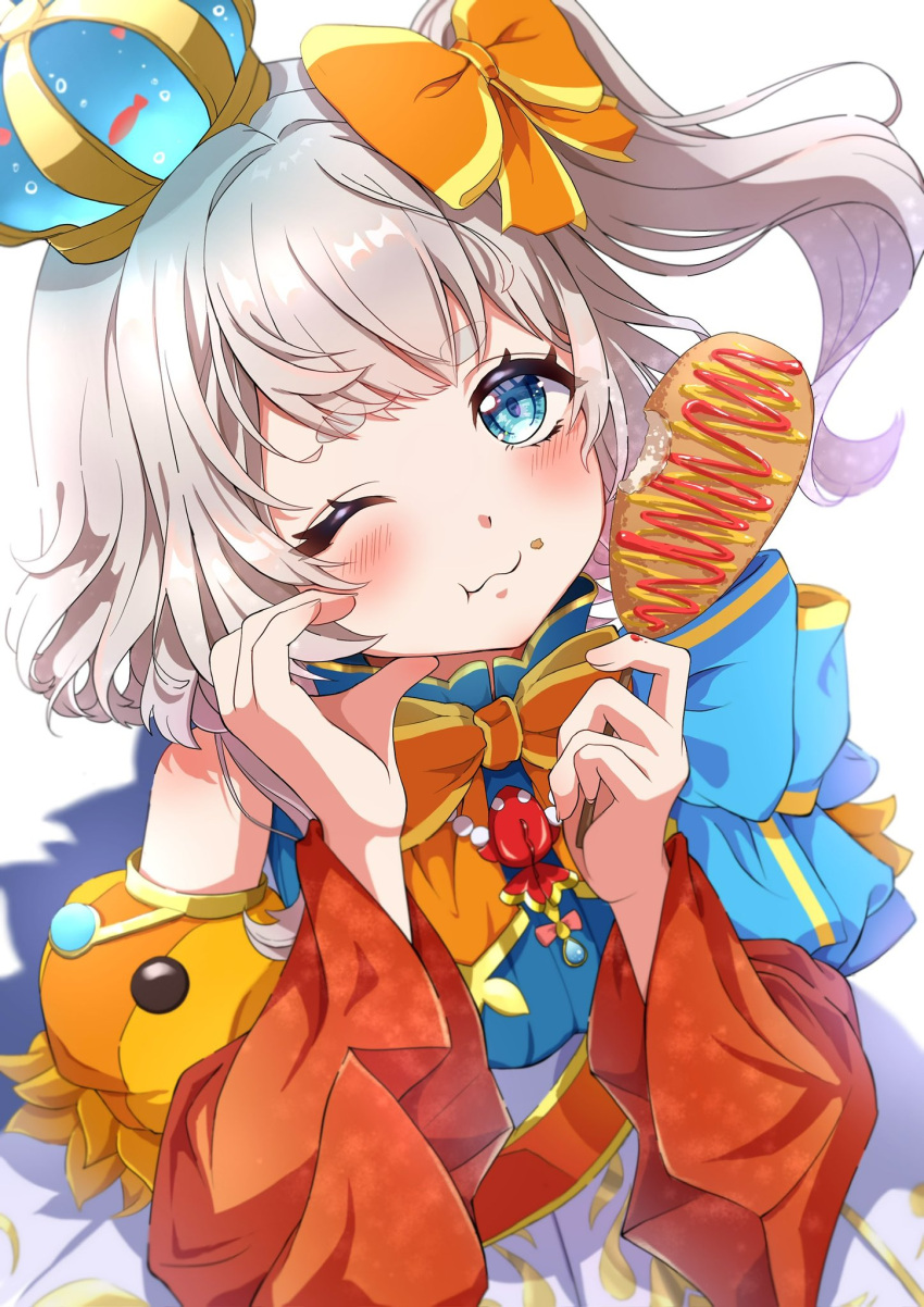 1girl, blue_eyes, blush, bow, bowtie, corn_dog, crown, fish