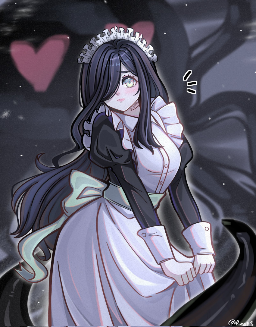 1girl, alternate_costume, apron, aria_wintermint, artist_name, black_hair, black_sleeves, closed_mouth